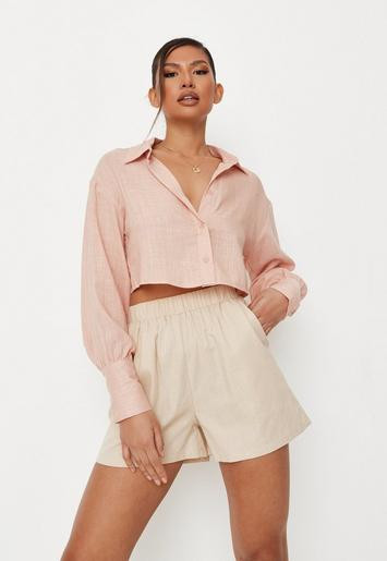 Tall Sand Linen Look Cropped Shirt | Missguided (US & CA)