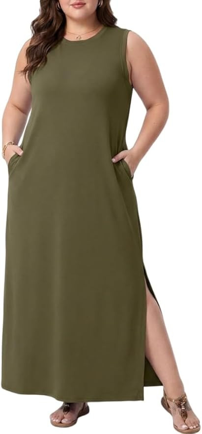 OLRIK Plus Size Sleeveless Maxi Dress Summer Casual Side Slit Crew Neck Sundress Long Beach Dress... | Amazon (US)