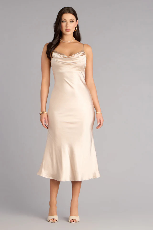 Soft Radiance Satin Cowl Midi Dress | Windsor Stores
