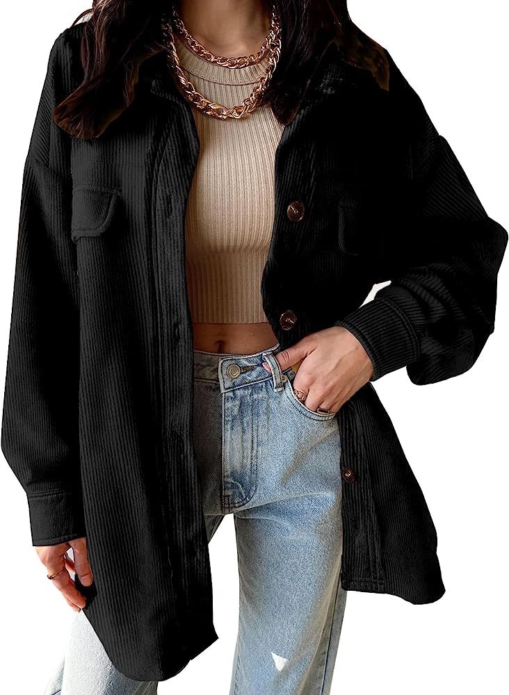 Amazon.com: VICHYIE Womens Shacket Shirts Casual Long Sleeve Corduroy Oversized Button Down Blous... | Amazon (US)