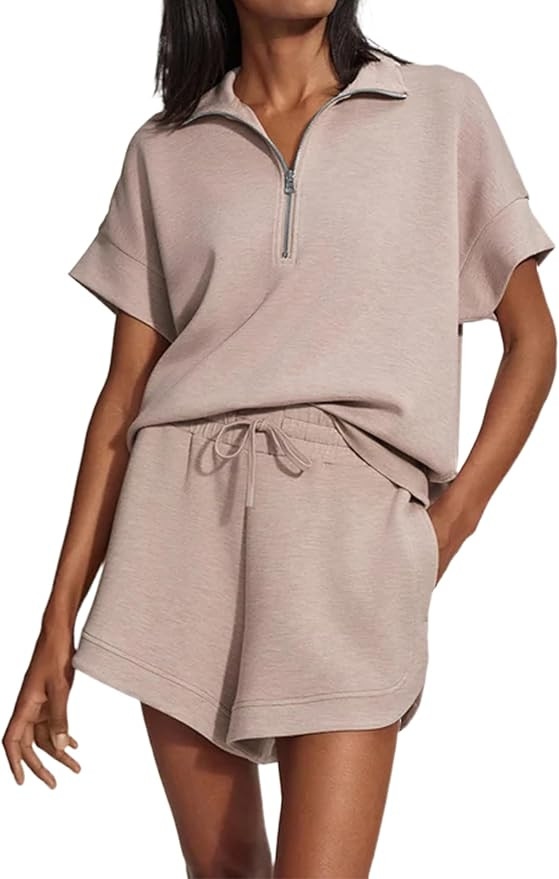 Womens Two Piece Half Zip Sweatshirts Shorts Set Lapel Collared Sweatshirt Drawstring High Waist ... | Amazon (US)