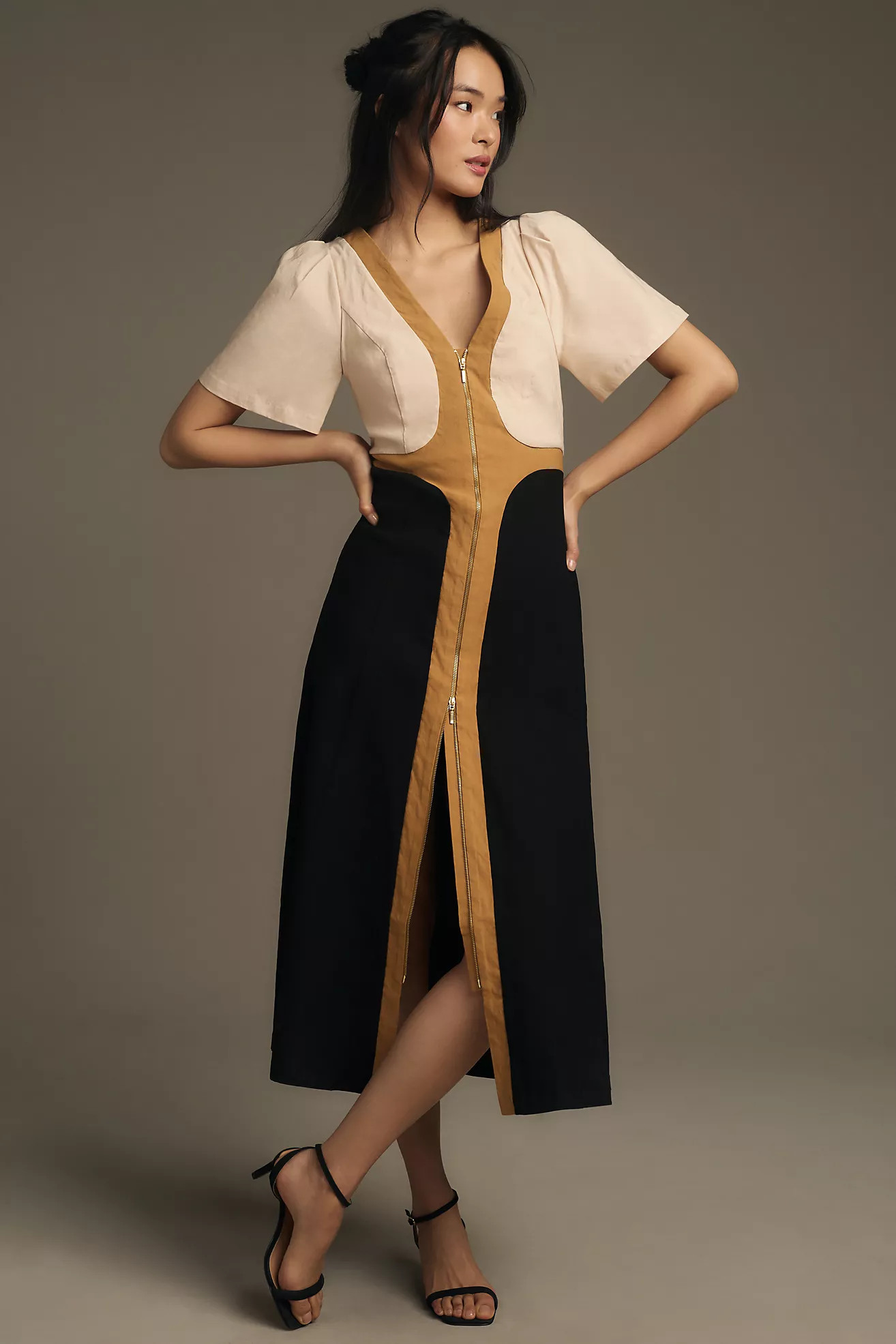 By Anthropologie Short-Sleeve V-Neck Tipped Midi Dress | Anthropologie (US)