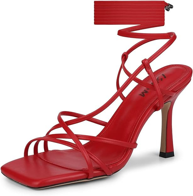 ISNOM Lace Up Heels Sandals for Women, Square Toe, Open Toe Thong, Stiletto Heels Design | Amazon (US)