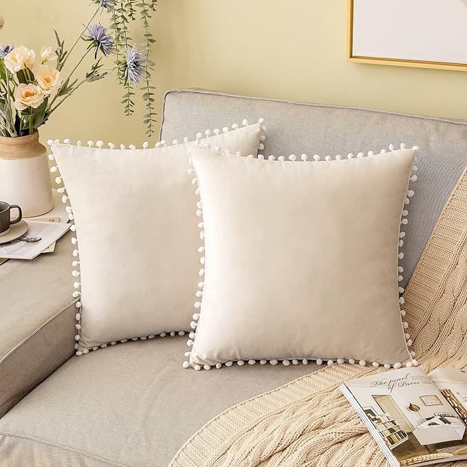 MIULEE Set of 2 Decorative Velvet Throw Pillow Covers with White Pom-poms Soft Square Farmhouse B... | Amazon (US)