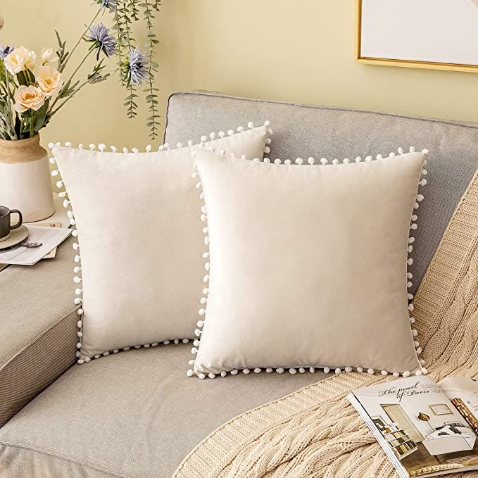 MIULEE Set of 2 Decorative Velvet Throw Pillow Covers with White Pom-poms Soft Square Farmhouse B... | Amazon (US)