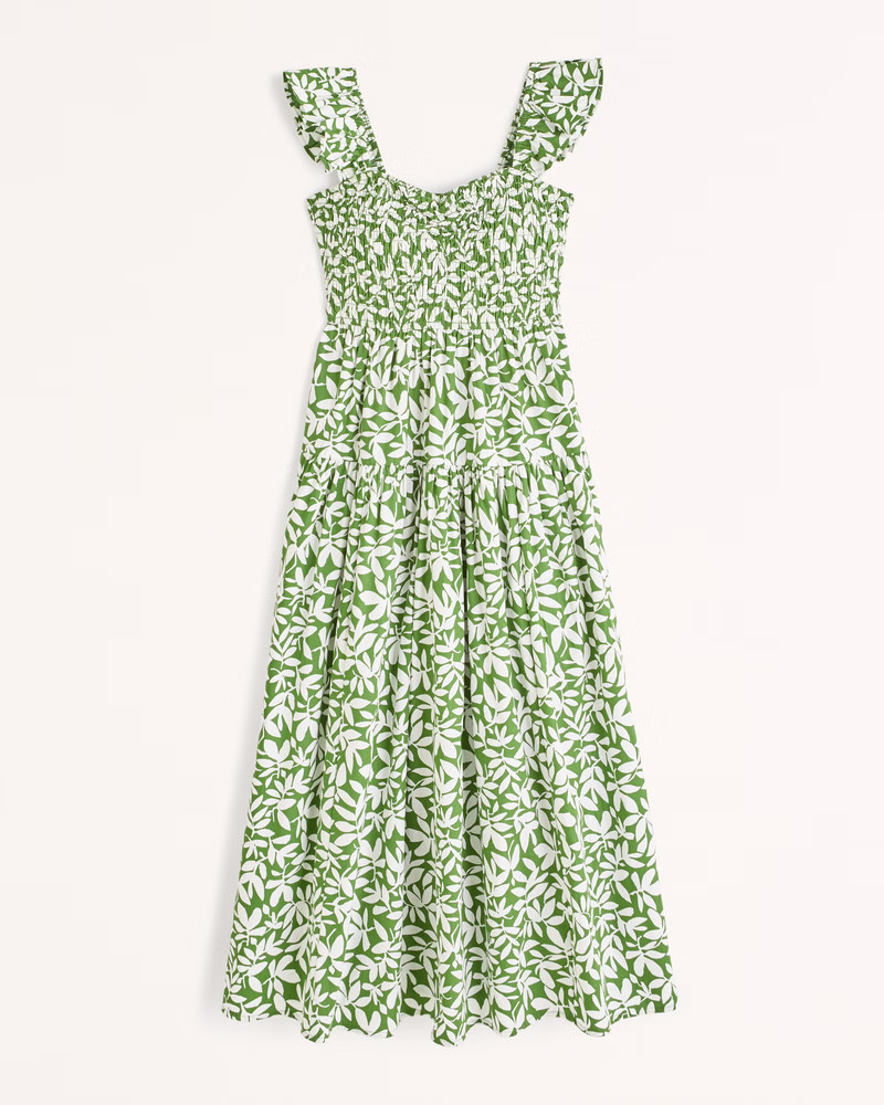 Ruffle Strap Smocked Midi Dress | Abercrombie & Fitch (UK)