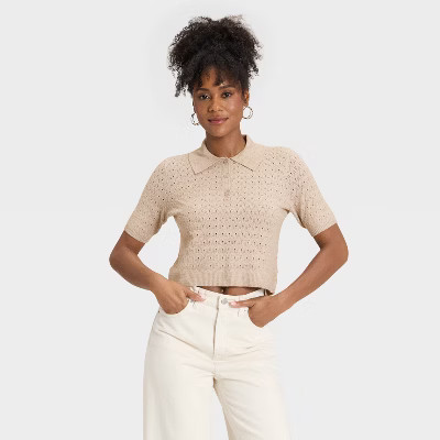 Women's Short Sleeve Collared Neck Pullover Sweater - Universal Thread™ Tan XS | Target
