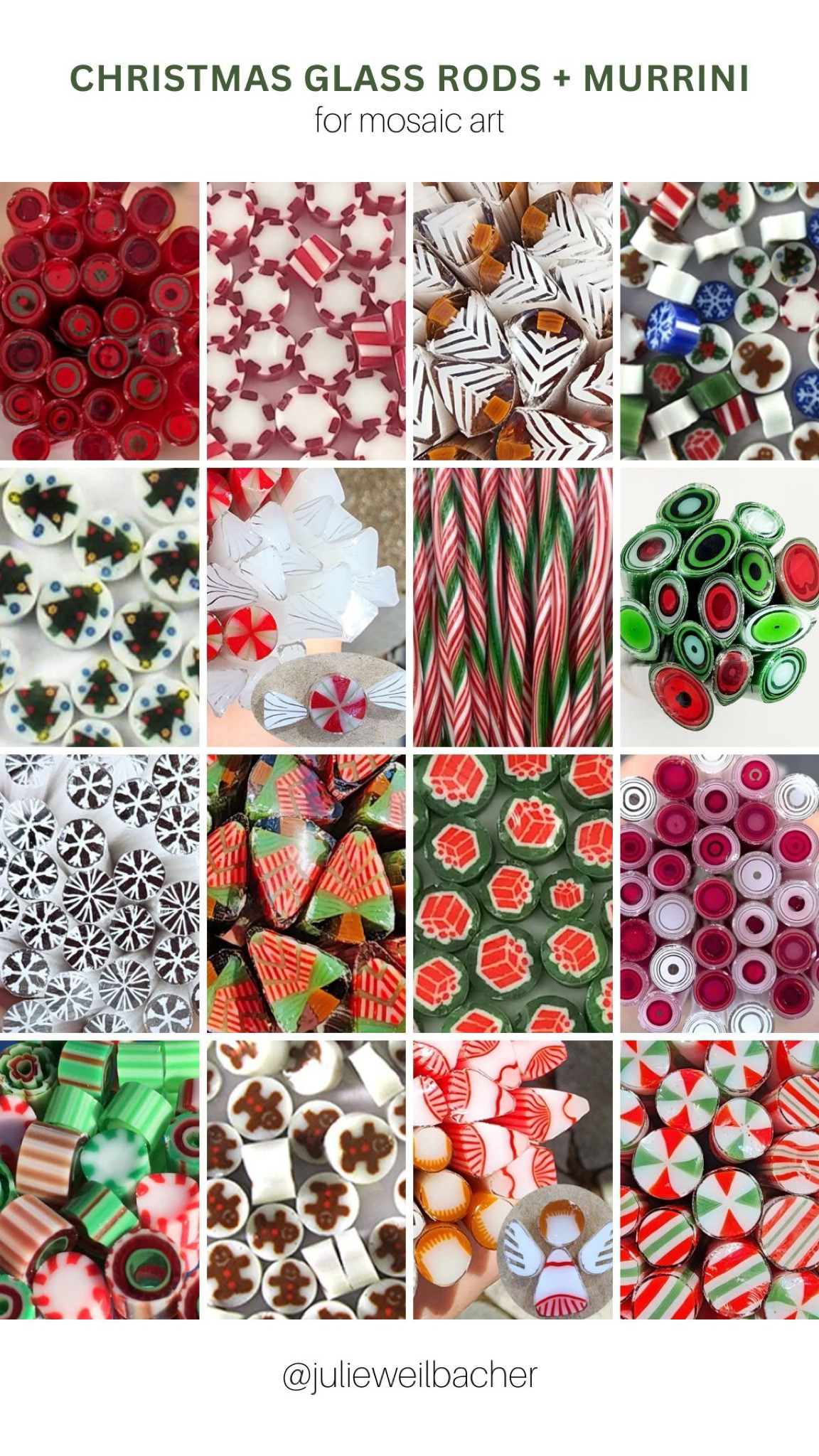 Sharing Christmas glass rods + Murrini to use in your mosaic art. 🎄 Glass rods and Murrini can be cut and shaped using wheeled glass nippers. 🎄 For mosaic tips, tutorials, inspiration, and so much more please visit my YouTube channel: YouTube.com/julieweilbacher. Follow @julieweilbacher on Instagram for all things mosaic art. glass candy cane - mosaic - glass Christmas tree - mosaic art - glass candy - glass angel - glass gingerbread man - Christmas crafts - holiday crafts - glass snowflake

#LTKHoliday #LTKHome #LTKFindsUnder50