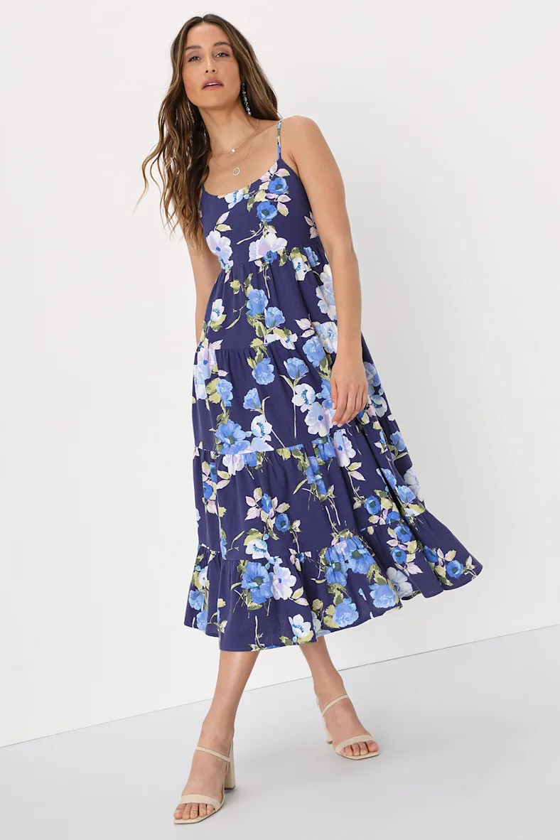 Mykonos Mood Navy Blue Floral Print Tie-Strap Tiered Midi Dress | Lulus (US)