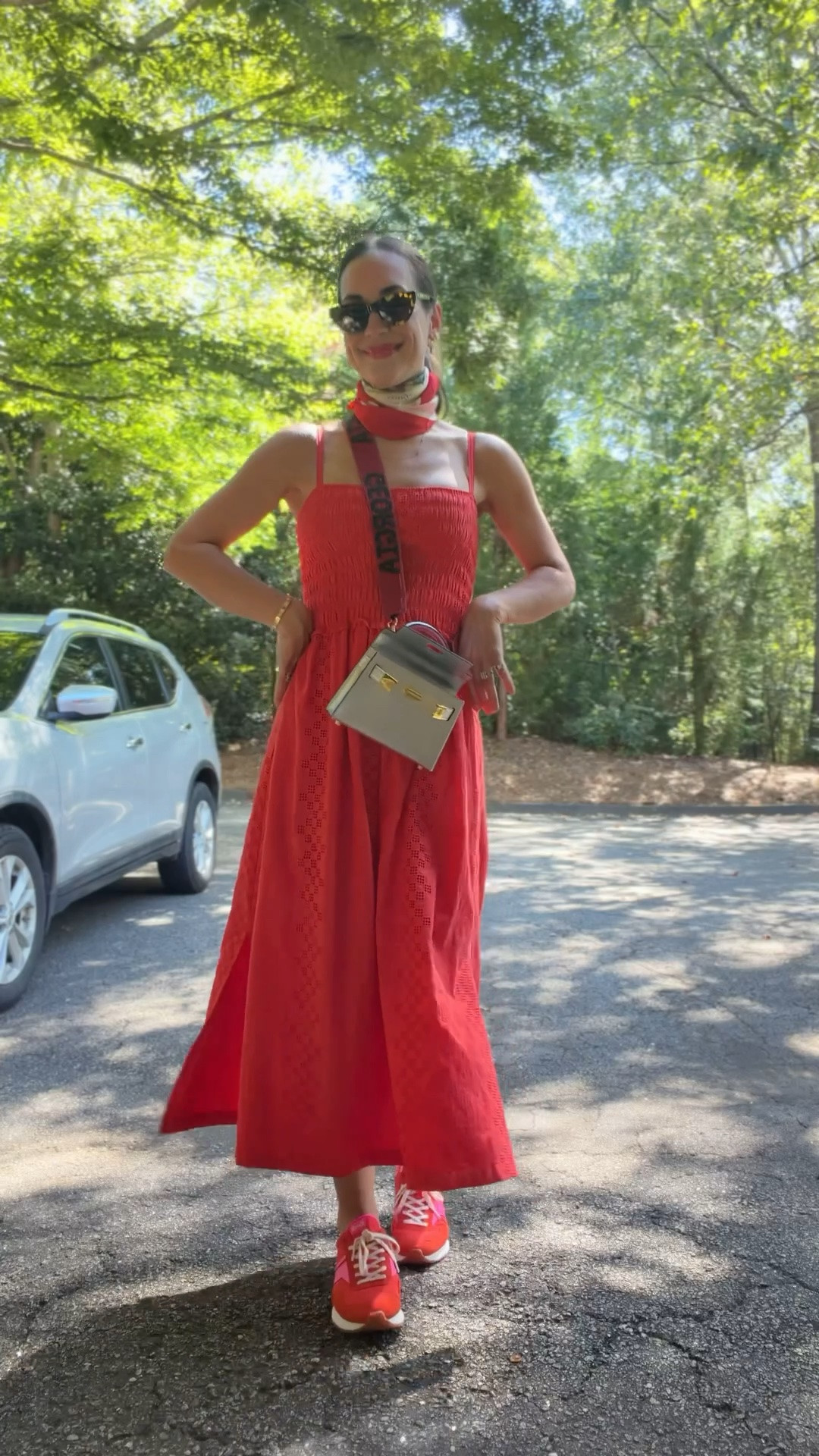 What I wore to a 3:30 football game in the sun 🏈☀️ 

game day outfit, red dress, @Splendid
