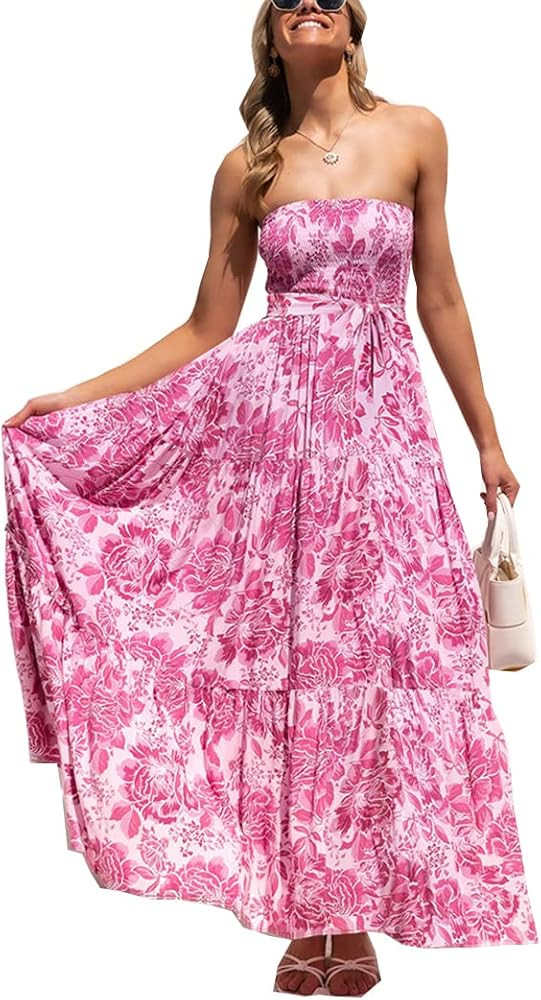 Women's Boho Dresses Summer SSmocked Off Shoulder Strapless Ruffle Boho Summer Beach Party Dress | Amazon (US)