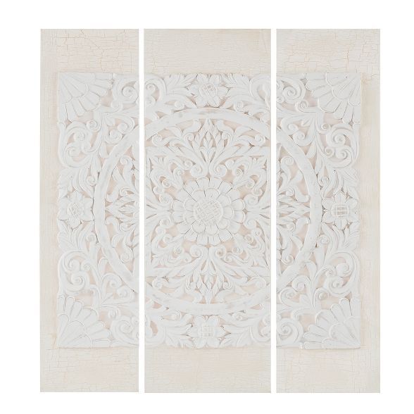 (Set of 3) 35.5" Height Wooden Mandala 3D Embellished Canvas Decorative Wall Art Set White | Target