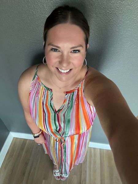 My outfit for dinner out to Mexican. This stripe is such a fun print but is very old. I styled it with my white sandals and simple accessories. I also grabbed a Jean jacket because it’s still cooling off at night here  

#LTKshoecrush #LTKfindsunder100 #LTKmidsize