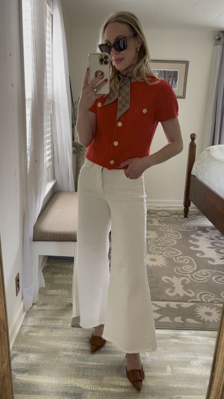 Spring outfit, Gucci silk scarf, red cardigan, white jeans, cropped denim, slingback pumps

#LTKover40 #LTKVideo #LTKshoecrush