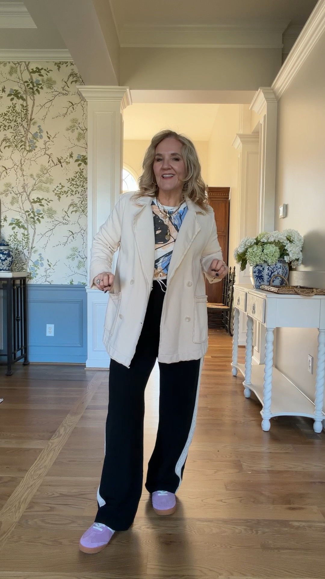 Super easy fun outfit. Lace trimmed track pants in a crepe fabric. So they’re comfy but elevated. Such an anthro look. 
Jacket size medium reg
Pants size small 
Tee size small 
Sneakers tts with socks 

Travel outfit casual outfit cruise outfit 

#LTKOver40 #LTKPetite #LTKTravel