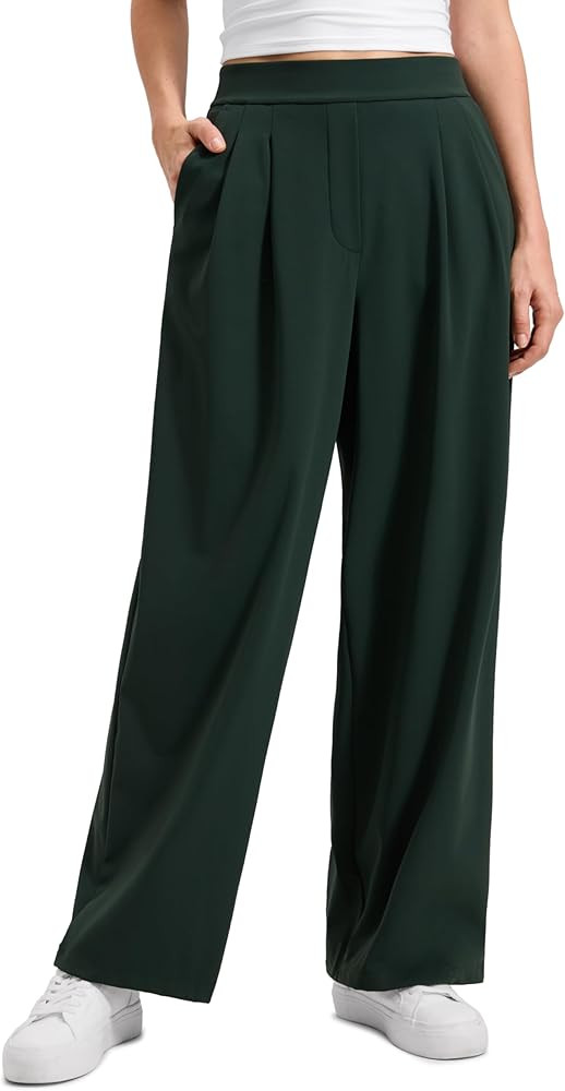 CRZ YOGA 4-Way Stretch Wide Leg Work Pants for Women 29" - Bussiness Casual Trousers with Pockets | Amazon (US)