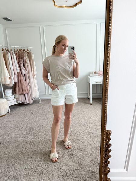 Love this outfit for a casual daytime look! This target top is such a good staple, I have it paired with my Spanx stretch twill shorts! Wearing size small in the top and medium in the shorts. Summer outfits // daytime outfits // casual outfits // white shorts // Spanx shorts // Target tops // Target sandals // Target finds // Target fashion  

#LTKFindsUnder100 #LTKStyleTip #LTKSeasonal