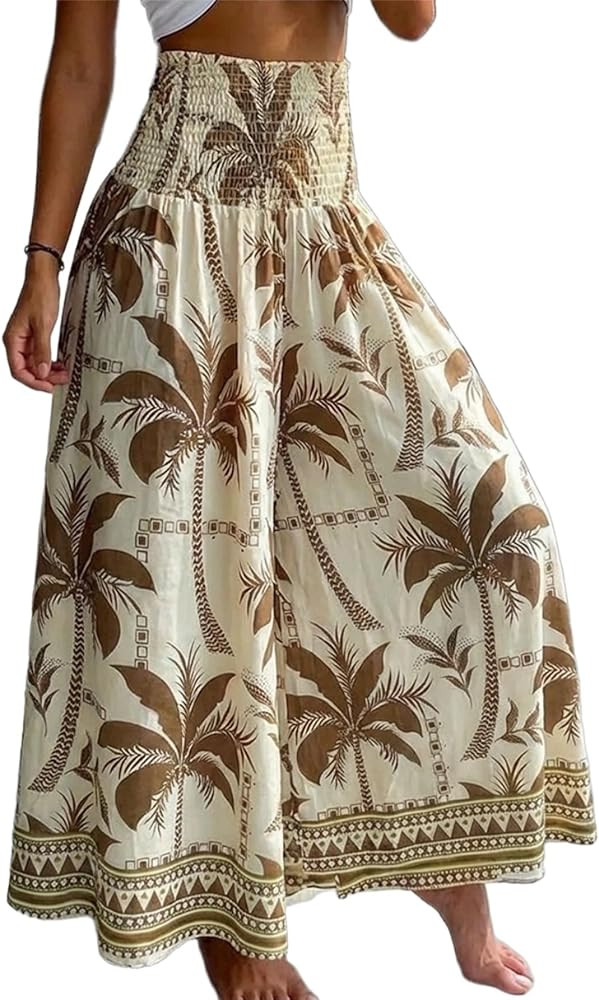CHICME Boho Floral Shirred High Waisted Wide Leg Pants Flowy Trousers Summer Beach Vacation Wear | Amazon (US)