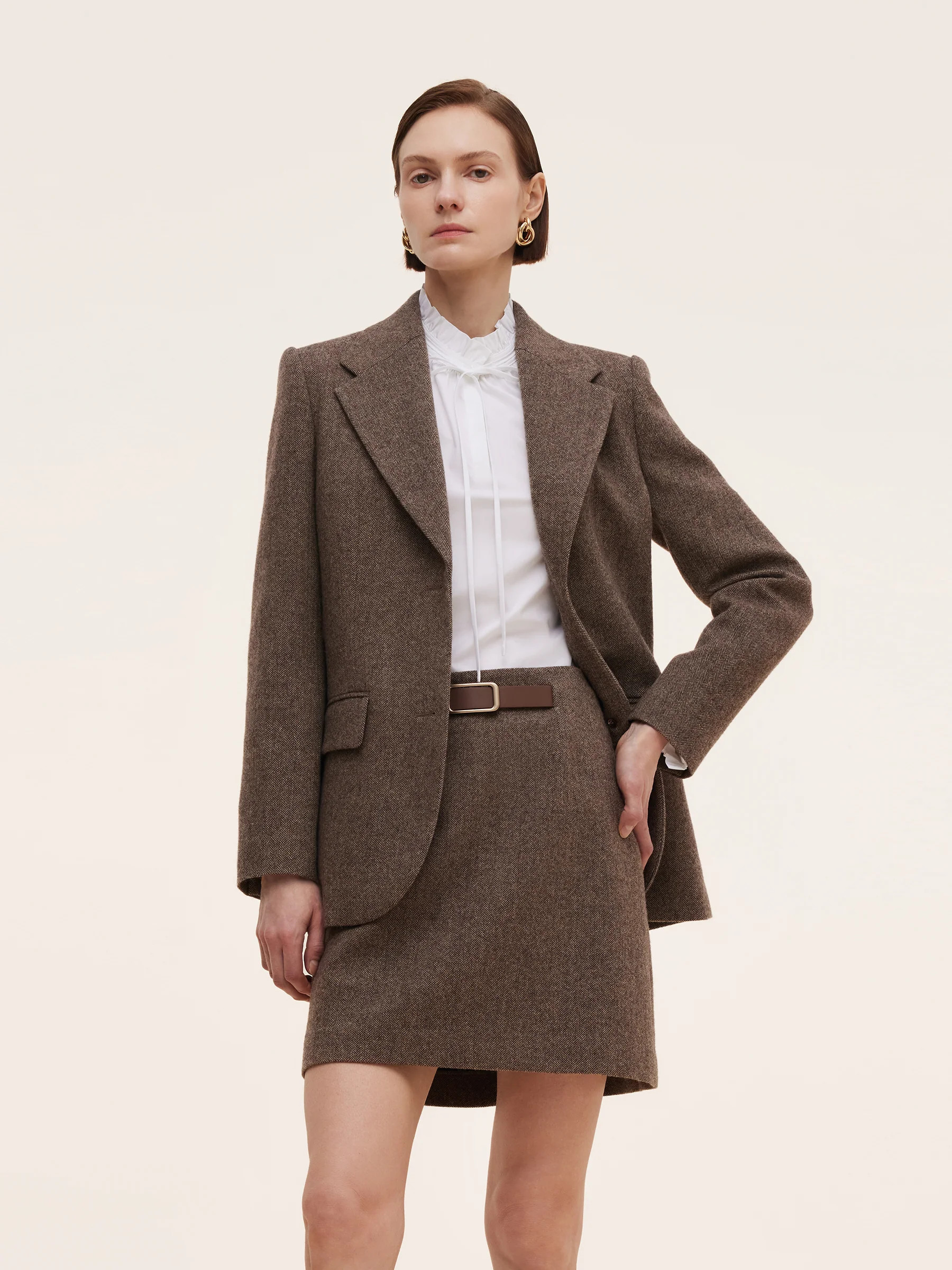 100% Washable Wool Gathered Waist Women Blazer - Coffee Brown / L | GOELIA