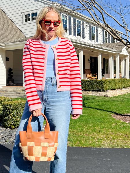 Spring everyday casual outfit - rothy green drivers, madewell cropped denim pant, target layering tank in light blue, English factory stripe cardigan, tuckernuck leather and raffia bag, red sunglasses 
More everyday outfits on CLAIRELATELY.com 👉🏼

#LTKitbag #LTKSeasonal #LTKstyletip