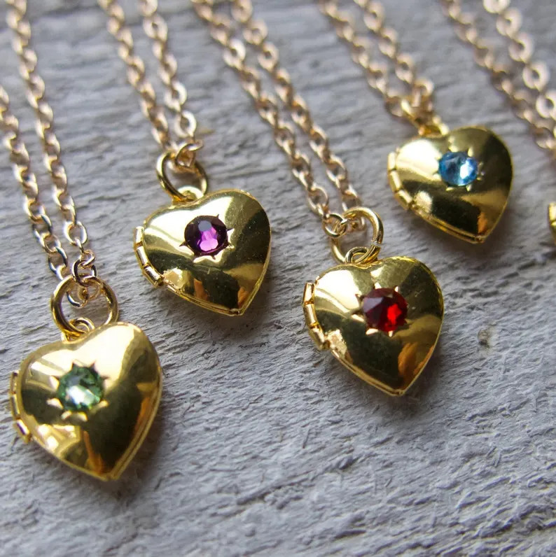 Gold Heart Locket Necklace With Crystal Birthstone: Personalized Kids Photo Jewelry, Custom Child... | Etsy (Global)