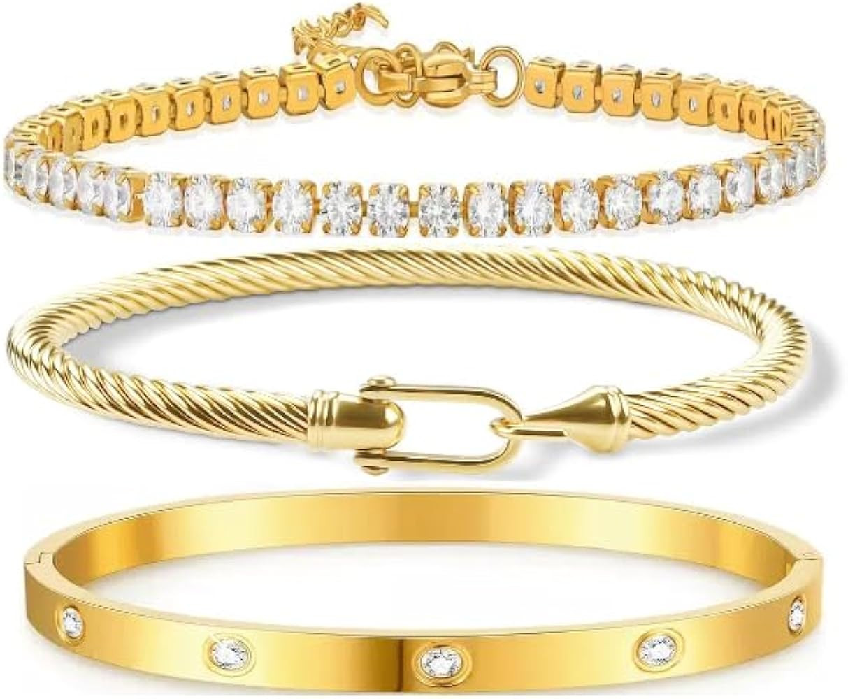 NEKVFO 18K Gold Plated Love Bracelet Set, Zircon Adjustable Bracelet Horseshoe Buckle Cable Brace... | Amazon (US)