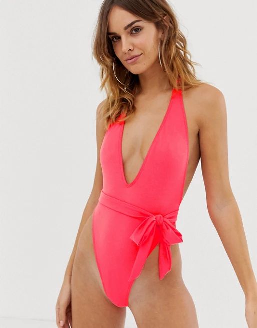 ASOS DESIGN recycled super high leg sexy tie swimsuit in neon coral | ASOS US