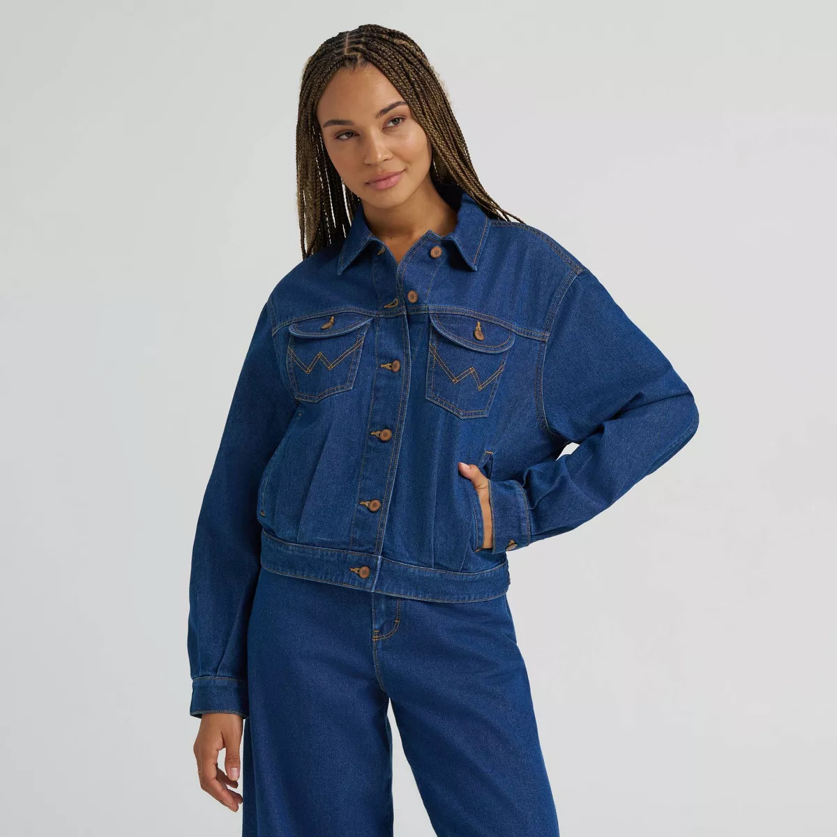 Wrangler Women's Graphic Denim Bomber Jacket - Blue Wash M | Target