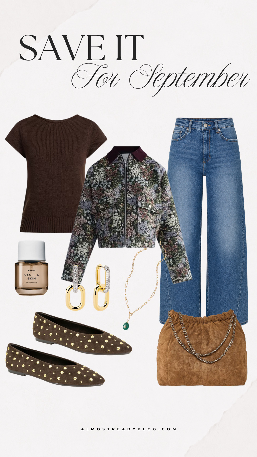 An easy early fall outfit with a floral jacket, brown knit top, wide leg jeans, and studded flats.

early fall outfit, casual fall outfit, transitional fall style, floral jacket, knit top, wide leg jeans, studded flats, fall layers, casual style, September outfit

#LTKootd #LTKOver40