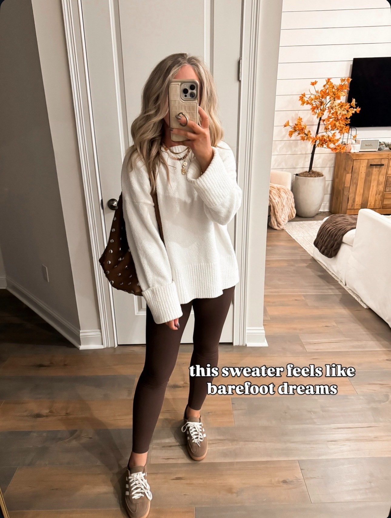 Cozy winter outfit to throw on and go! Look for less comfortable sweater, soft and cozy, leggings, sneakers, tote bag, Amazon fashion, winter style, winter fashion. 

 #LTKootd #LTKFindsUnder50