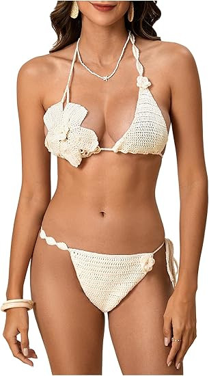 MakeMeChic Women's Bikini Sets Crochet 3D Floral Halter Tie Back Boho Bathing Suit | Amazon (US)