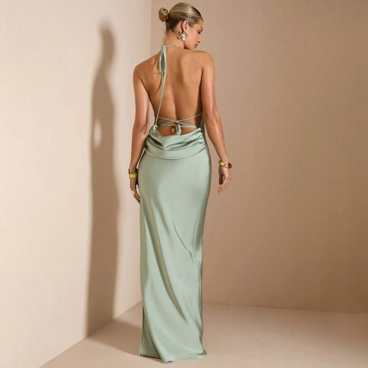Sexy Backless Halter Green Satin Dress With Tie, Spring/Summer, Bridesmaid Dress, Satin Dress, Sexy Dress | SHEIN