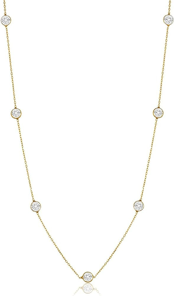 Amazon.com: NYC Sterling Women Gold Plated Sterling Silver 3MM Round Cubic Zirconia Station Neckl... | Amazon (US)