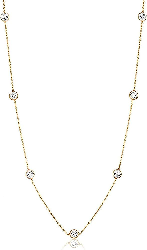 Amazon.com: NYC Sterling Women Gold Plated Sterling Silver 3MM Round Cubic Zirconia Station Neckl... | Amazon (US)