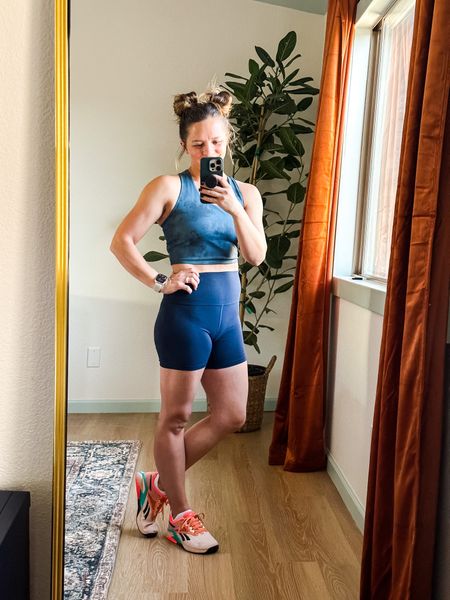 Workout fit of the day. Amazon crop. Comes in tons of color options and has the cutest cross back. Wearing a Small. Lulu lemon align shorts in navy. Wearing the 6” length in size 2. 

These Reebok cross trainers are so comfortable and offer a ton of arch support! Off to do tabata today!

#LTKfit