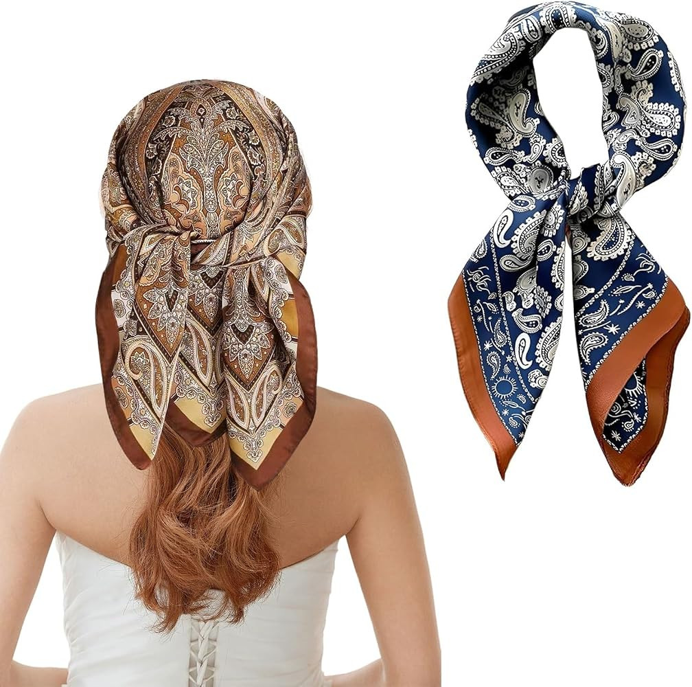 2 Stück Quadratische Schals, 70 × 70 cm Schal aus Imitierter Seide, Blau und Braun Bandana Dame... | Amazon (DE)