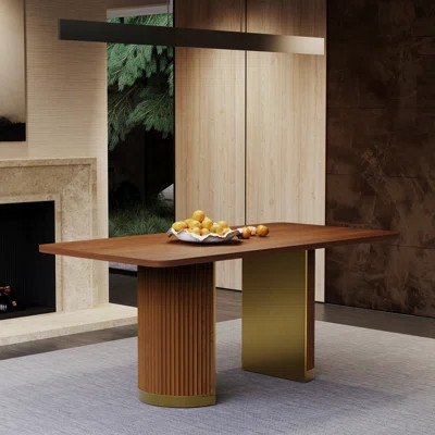 70 Inch Walnut Solid Wood Dining Table With Fluted Design And Brushed Base | Wayfair North America