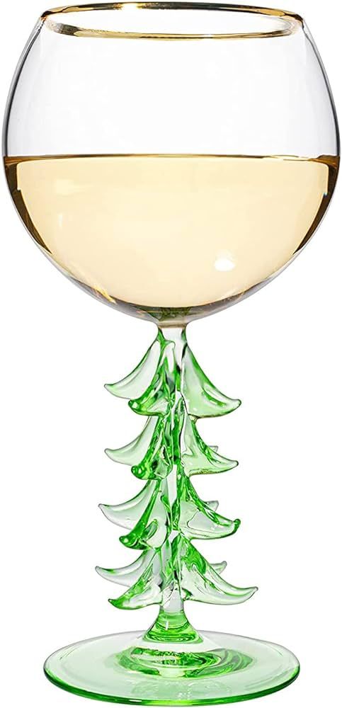 Crystal Christmas Holiday Tree Stemmed Wine Glass - Green - 12oz Goblet Bordeaux Gold Rim Colored... | Amazon (US)