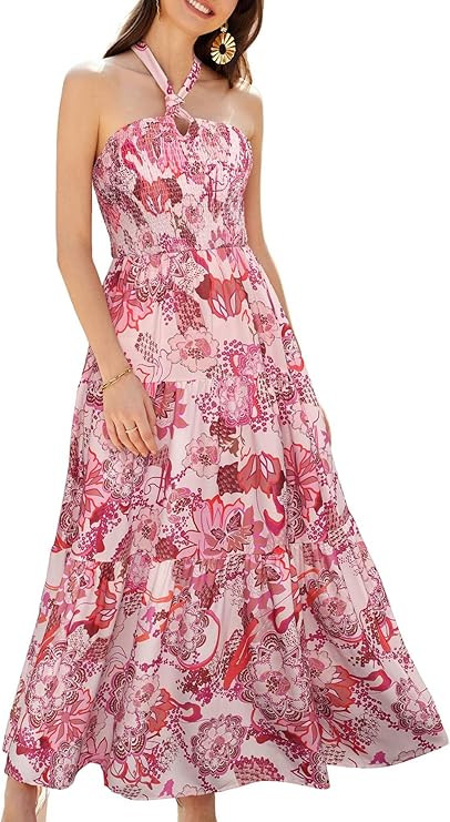 GRACE KARIN Women's Summer Dresses 2024 Halter Neck Sleeveless Smocked Backless Cut Out Floral Fl... | Amazon (US)