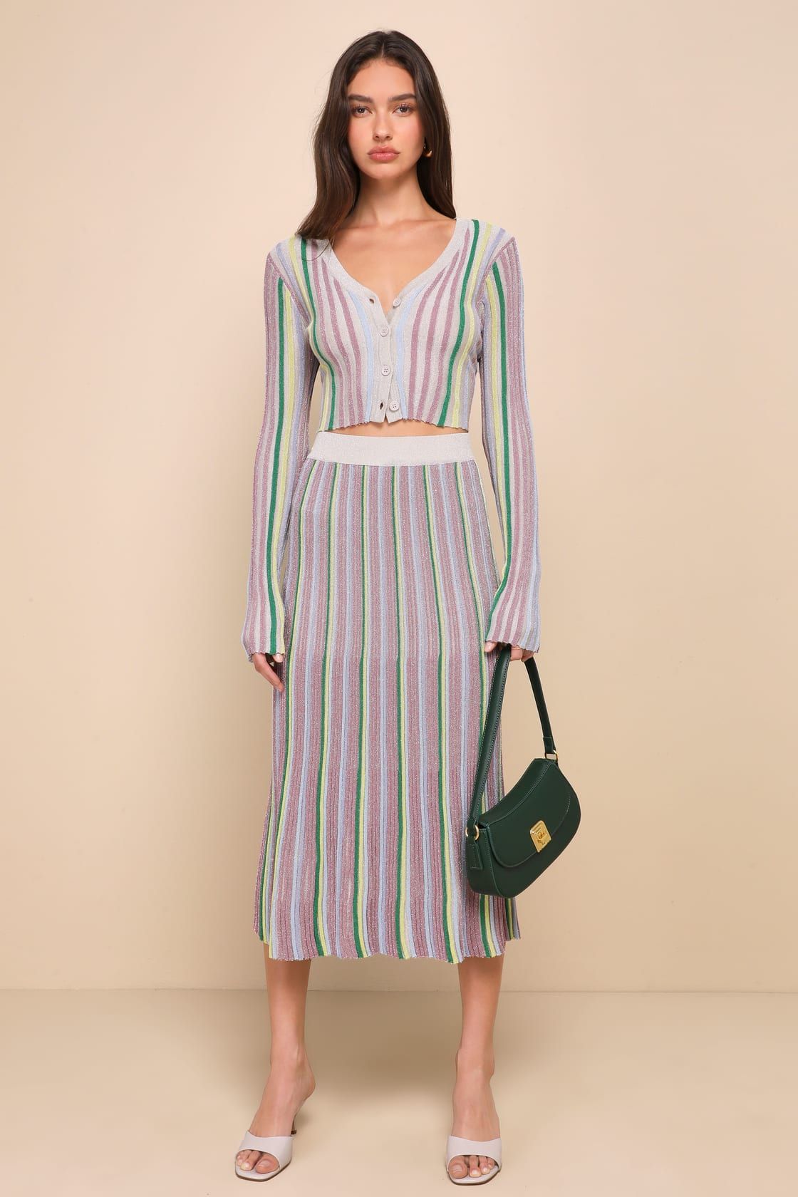 Eye-Catching Trend Taupe Multi Striped Ribbed Lurex Midi Skirt | Lulus
