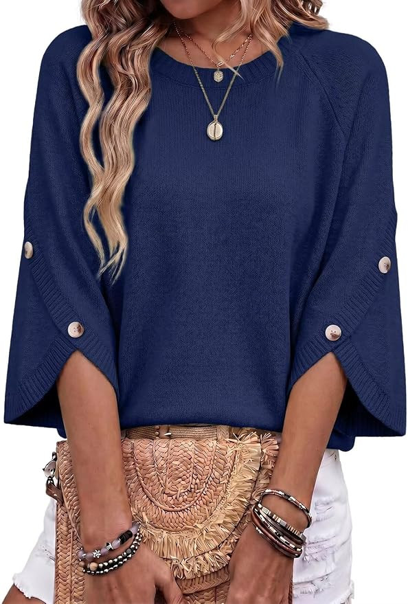 Dokotoo Womens Sweaters Oversized 3/4 Button Sleeve Crewneck Casual Lightweight Knit Solid Pullov... | Amazon (US)