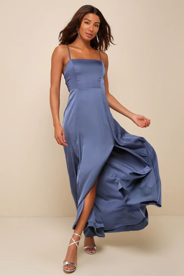 Serene Sensation Slate Blue Satin Bow Sleeveless Maxi Dress | Lulus