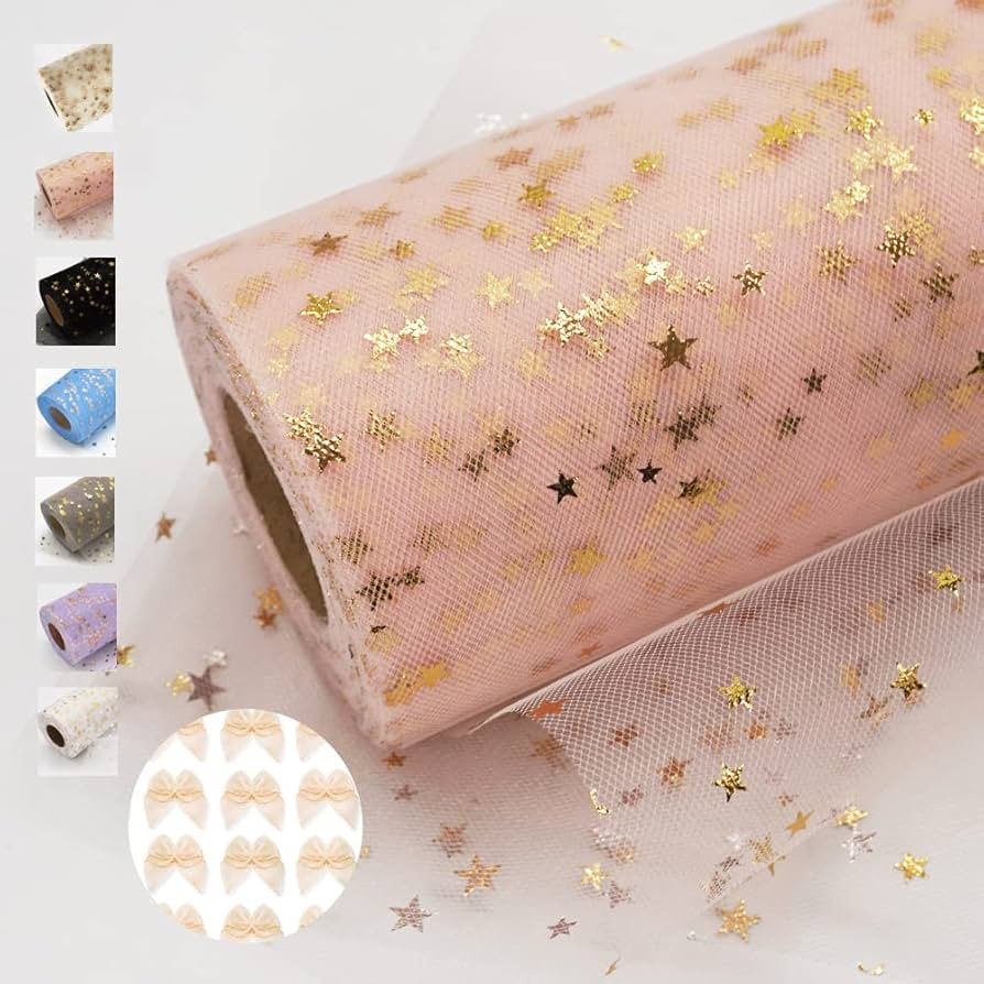 Blush Glitter Tulle Rolls with Foil Stars 6 Inch by 50 Yards Sparkle Fabric Ribbon for DIY Tutu S... | Amazon (US)