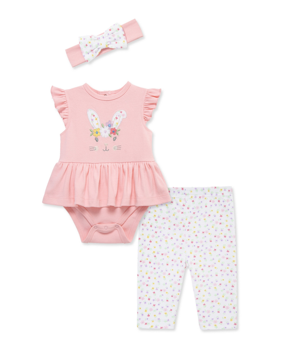 Little Me Baby Girls' Bunny Printed Bodysuit, Leggings and Headband, 3-Piece Set - Pink/White | Macy's