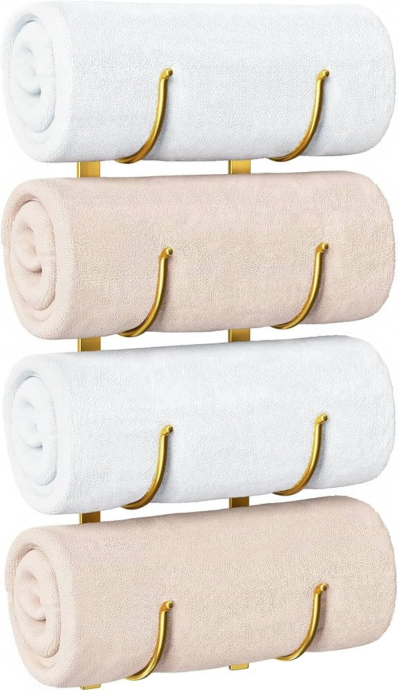 Bathroom Rolled Towel Rack: 4-Tier Wall Mounted Towel Storage Holder, Hanging Organizer for Towel... | Amazon (US)