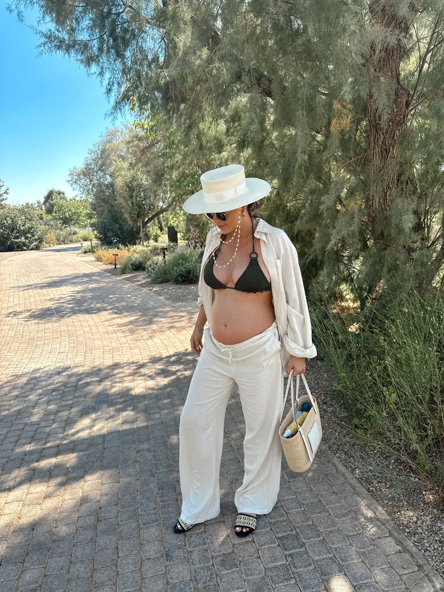 Summer holiday maternity beach day outfit - khaki green hunza g bikini, Ruslan Baginski chain white hat, Loewe white square raffia basket bag, fendi sandals, Stradivarius linen trousers & in the style linen blend shirt  

#LTKuk #LTKmaternity #LTKsummer