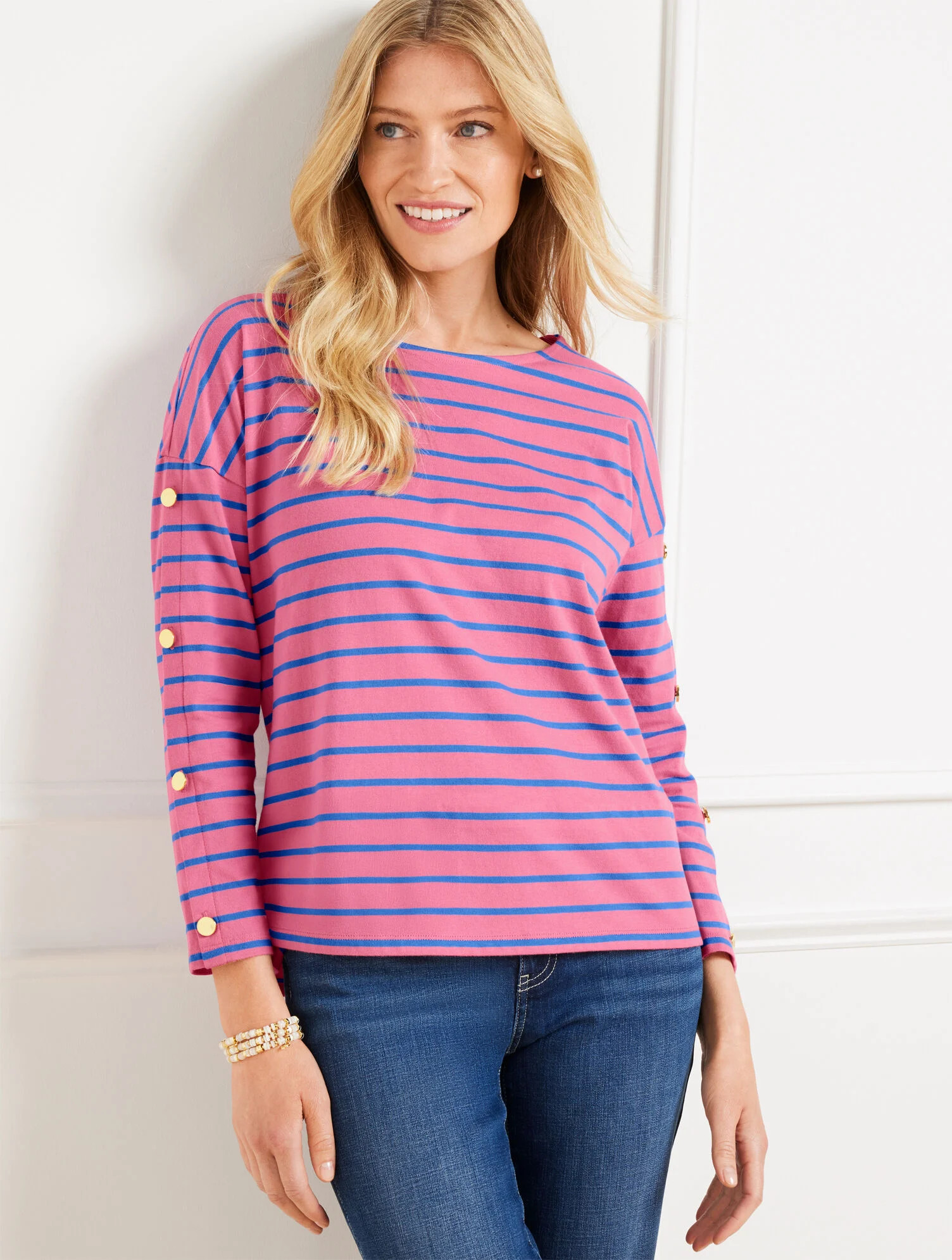 Button Sleeve Crewneck Tee - Stripe | Talbots