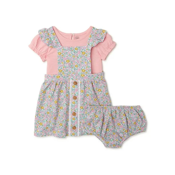 Wonder Nation Baby Girl Pinafore Dress, Short Sleeve T-Shirt and Diaper Cover Outfit Set, 3-Piece... | Walmart (US)