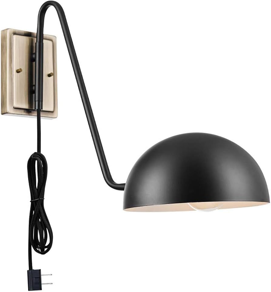 Globe Electric 51373 1-Light Plug-in Wall Sconce, Matte Black, Antique Brass Backplate, Black Cloth  | Amazon (US)