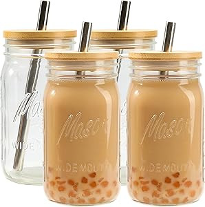 MASON 32oz Reusable Boba Tea Cups 4 Pack, Glass Jars Wide Mouth Smoothie Cups with Bamboo Lids an... | Amazon (US)